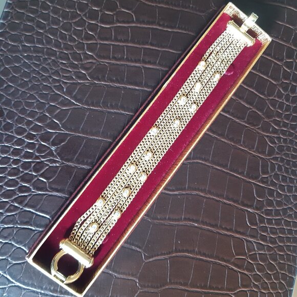 1990s NOLAN MILLER Bracelet Gold Tone 6 Strand,14 Bezel Set Rhinestones, Vintage - Picture 2 of 16